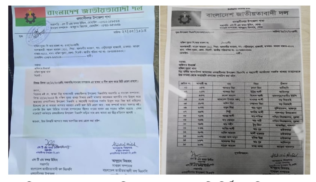 মামলা থেকে আ.লীগ নেতাদের বাদ দিতে উপজেলা বিএনপির চিঠি